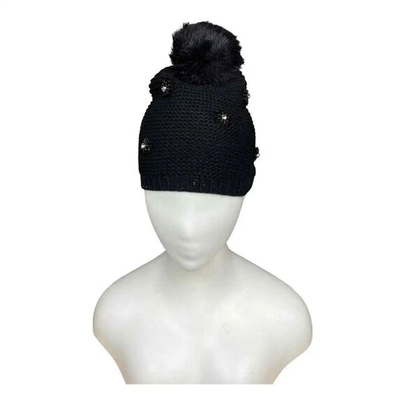 Neiman Marcus Women’s Black Beaded Floral Knit Pom-Pom Beanie Hat One Size NWT - Picture 5 of 8